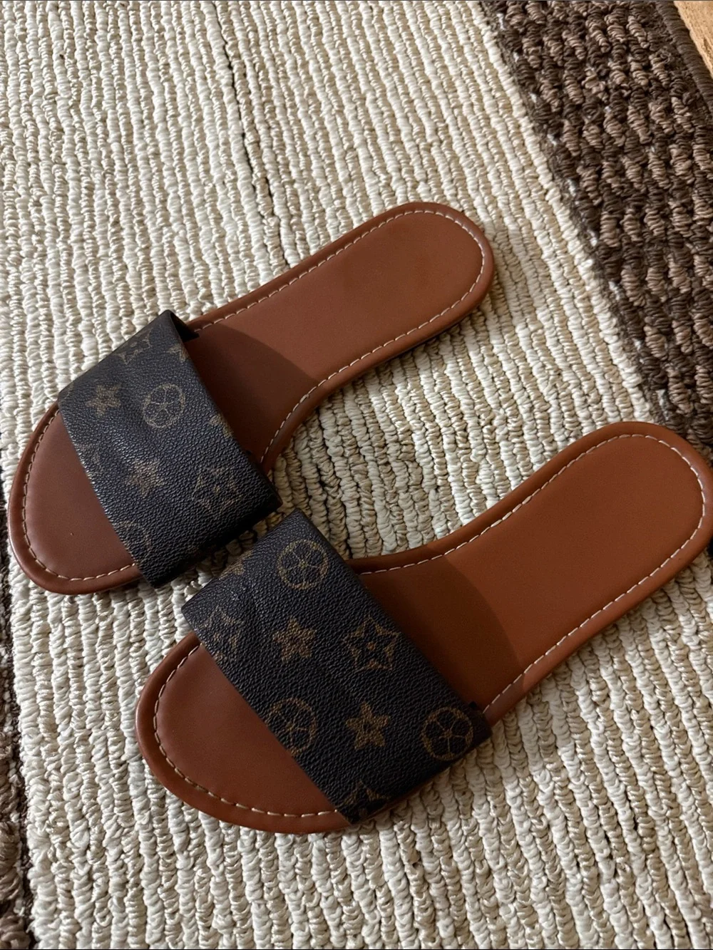 Designer-Inspired Brown Monogram Slide Sandals